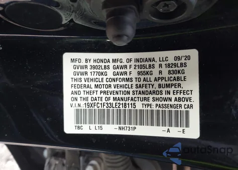 2020 Honda Civic Ex из США, поврежденный, VIN 19XFC1F33LE218115